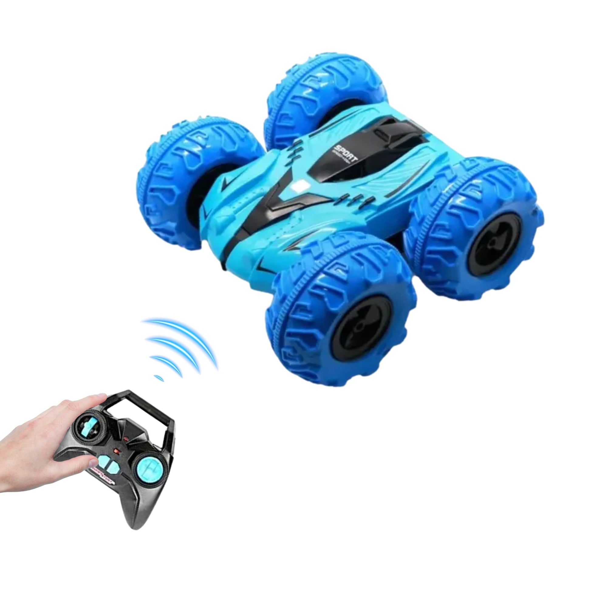 Stunt Car RC que rueda sobre ambas caras con luces LED encendidas en pista