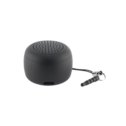 Mini altavoz Bluetooth portátil negro con micrófono integrado y diseño compacto