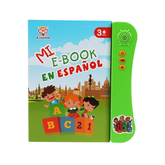 Libro interactivo infantil con sonidos y dibujos coloridos en español.