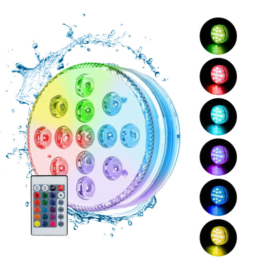 Luz LED sumergible RGB iluminando agua con colores vivos y efecto decorativo.