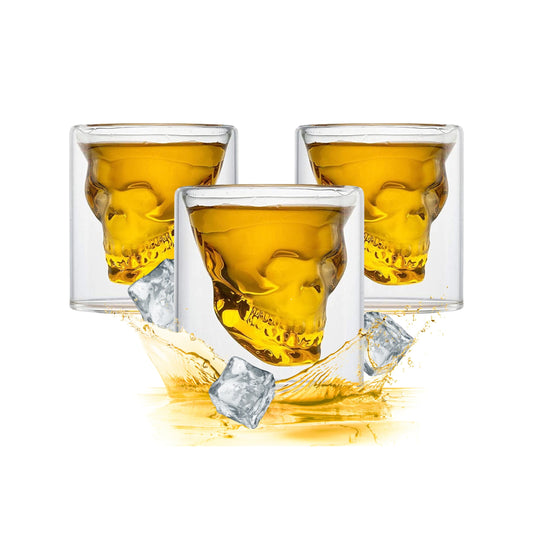 Trío de vasos de cristal con diseño interior 3D de calavera transparente 