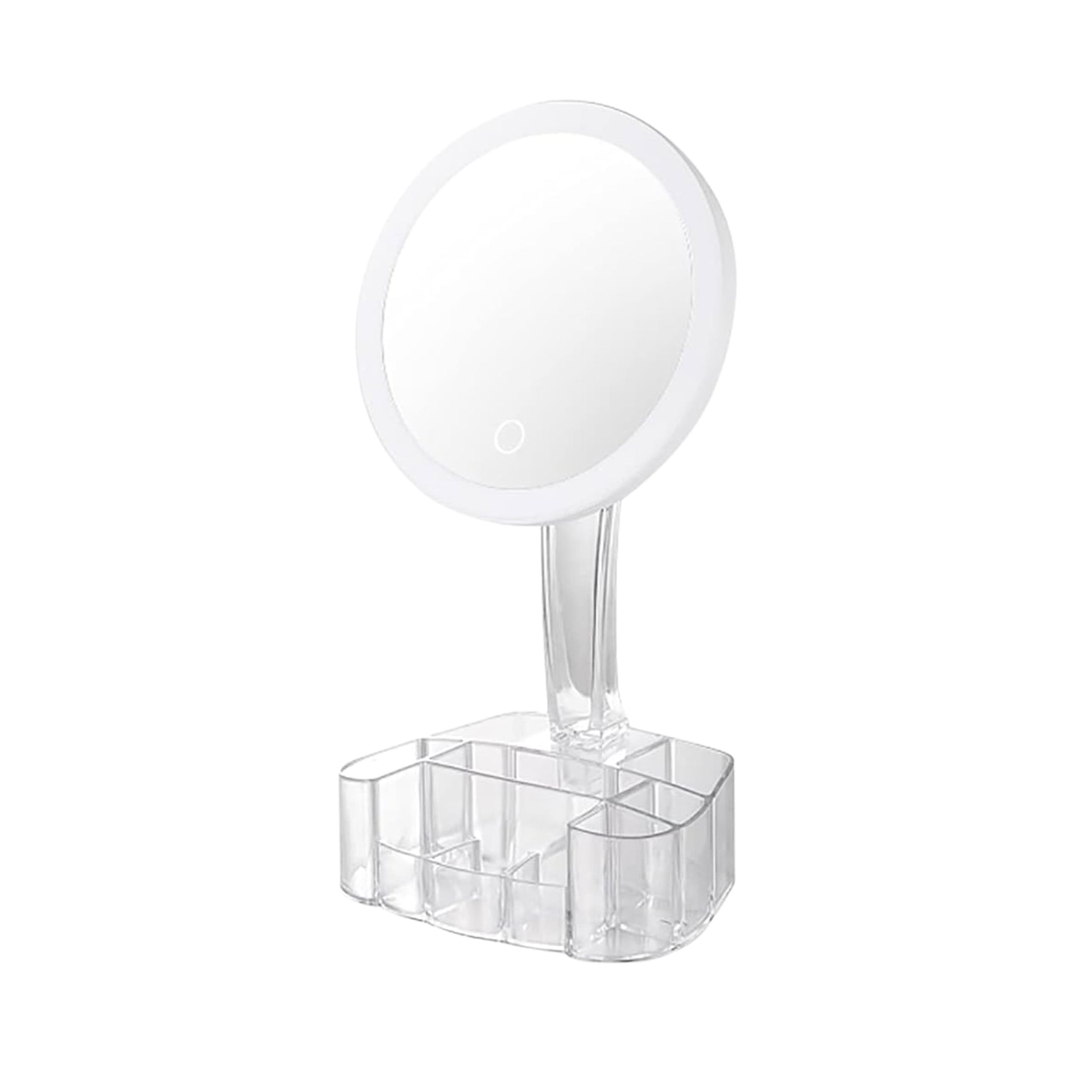 Espejo redondo LED giratorio 360° con marco metálico y luz blanca regulable