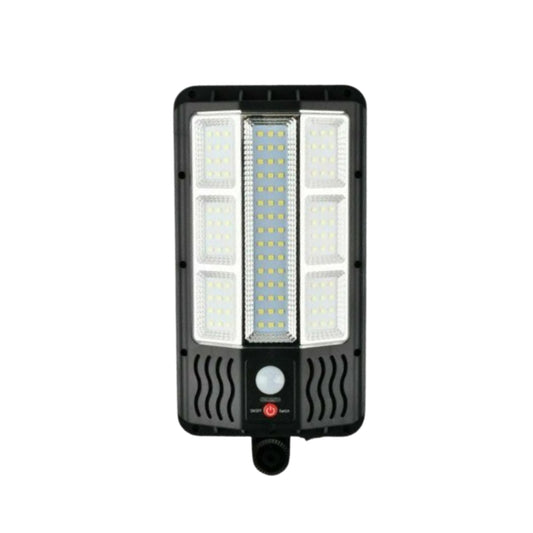 Lámpara solar IP65 montada en pared, sensor PIR y cabezal ajustable iluminando fachada