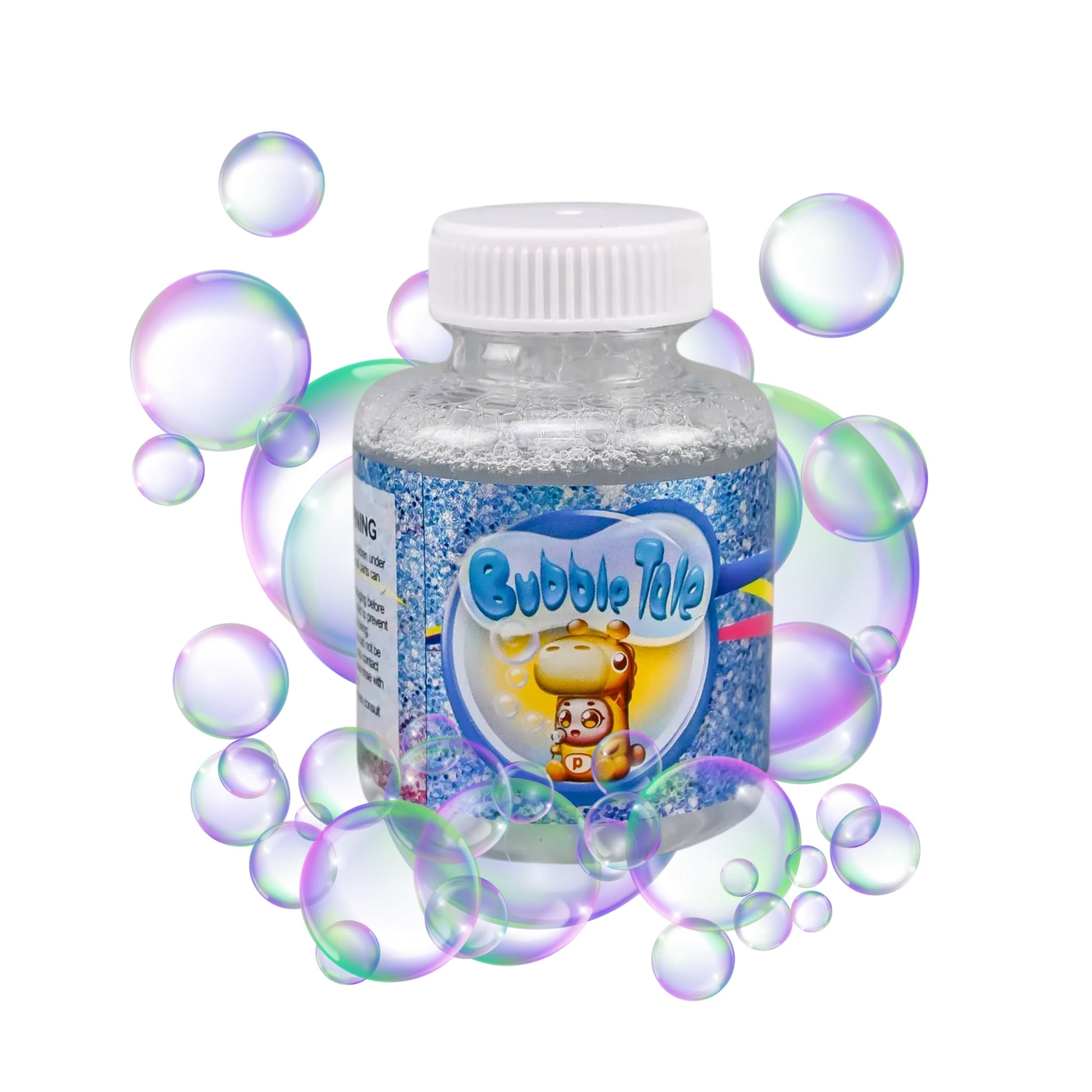 Botellas de recambio de líquido para burbujas alineadas, con etiquetas de colores vibrantes.