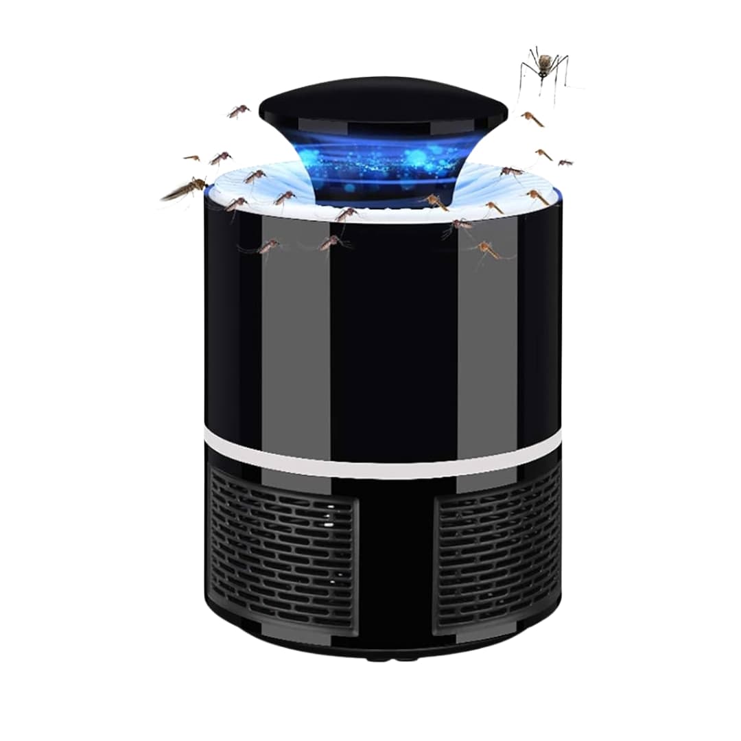 Lámpara antimosquitos UV negra con diseño moderno y compacto vista de frente.
