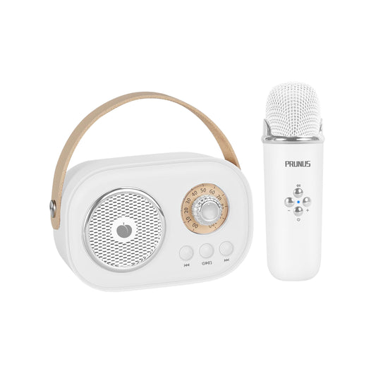 Mini karaoke Bluetooth con altavoz y micrófono integrado en diseño compacto y portátil.