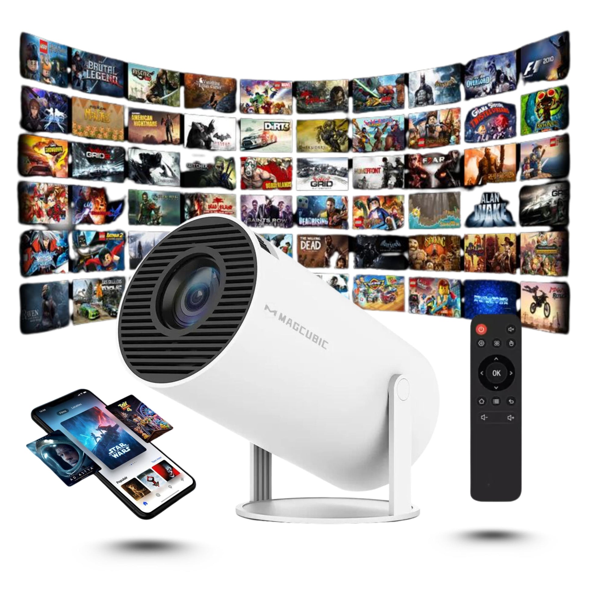 Proyector portátil 4K sobre mesa de madera proyectando imagen nítida en pared blanca.