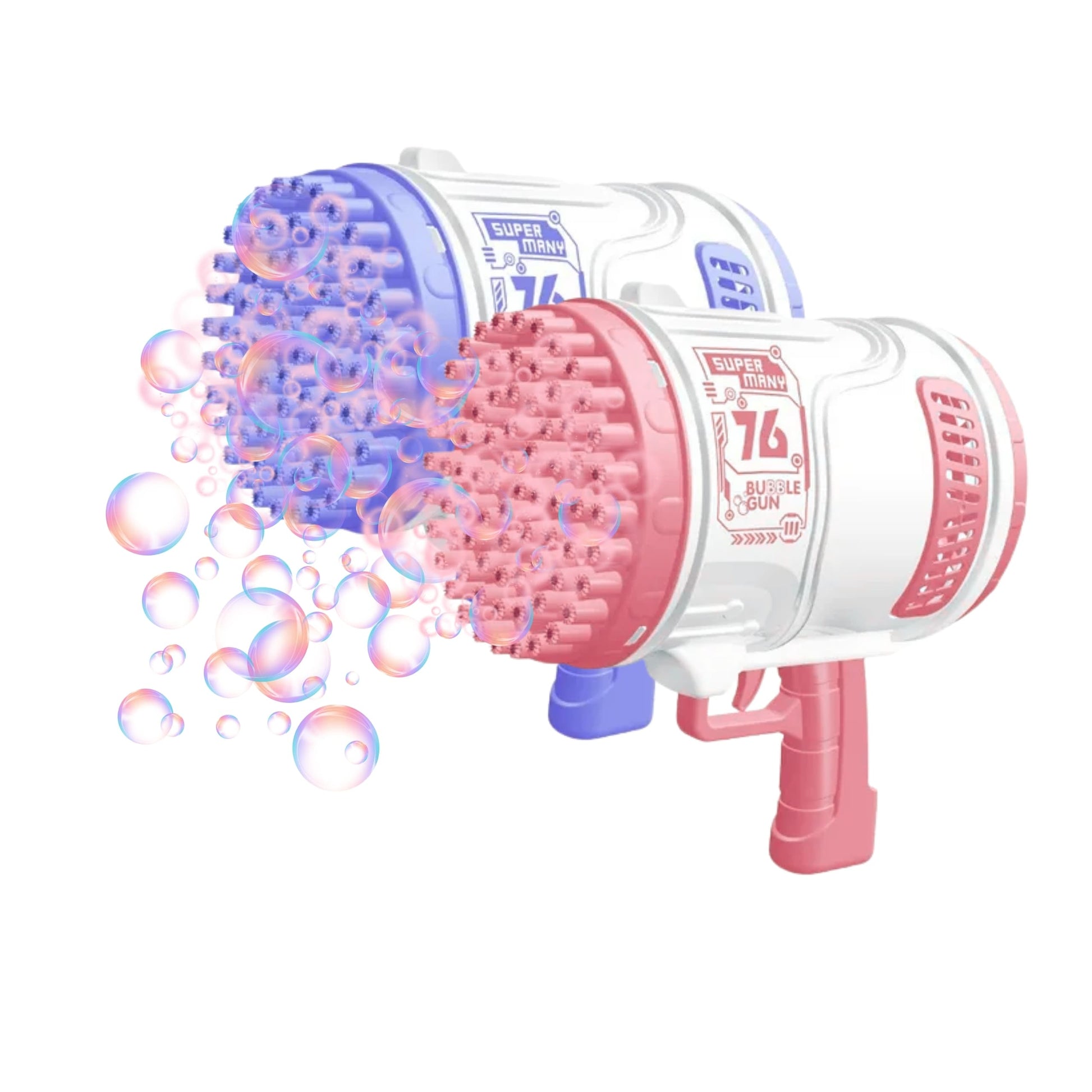 Pistola de burbujas rotatoria con 76 agujeros, en color llamativo, lista para usar.