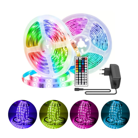 Tira LED RGB 10 metros encendida en colores rojo, azul y verde