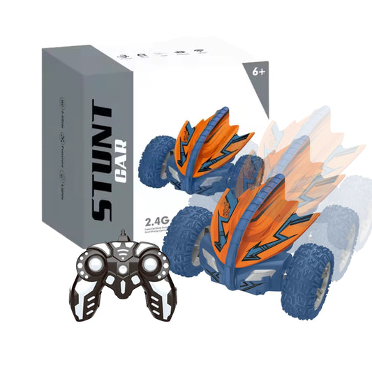 Coche RC stunt 4WD con luces LED realizando giro de 360° en pista de asfalto 