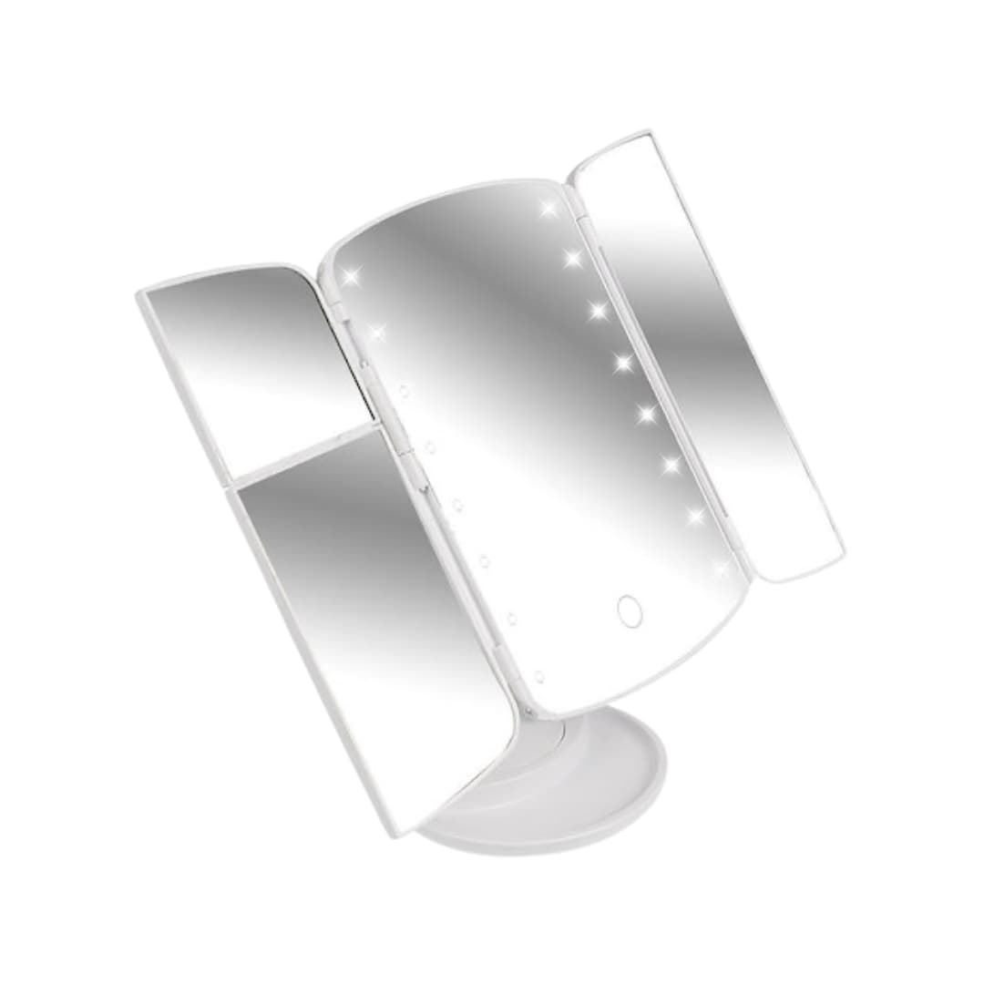 Espejo de maquillaje LED abatible encendido, mostrando luz blanca suave ideal para maquillaje.