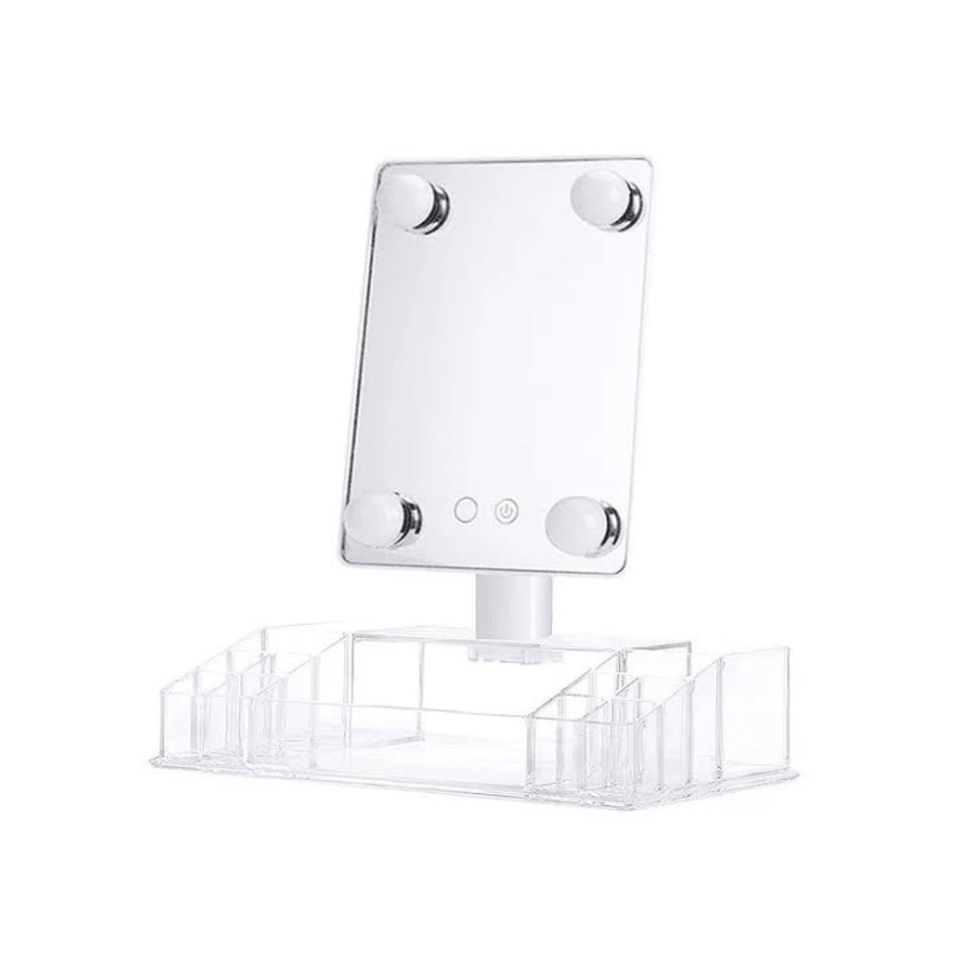 Espejo giratorio 360° con luces LED y organizador transparente para cosméticos
