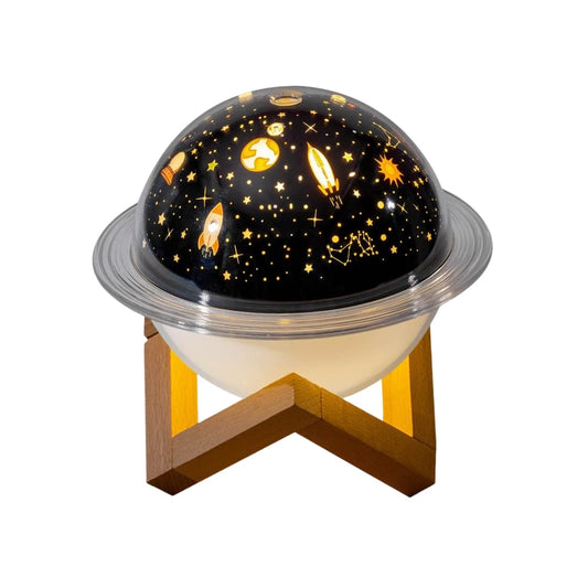 Humidificador LED con diseño de planeta Saturno y base de soporte.