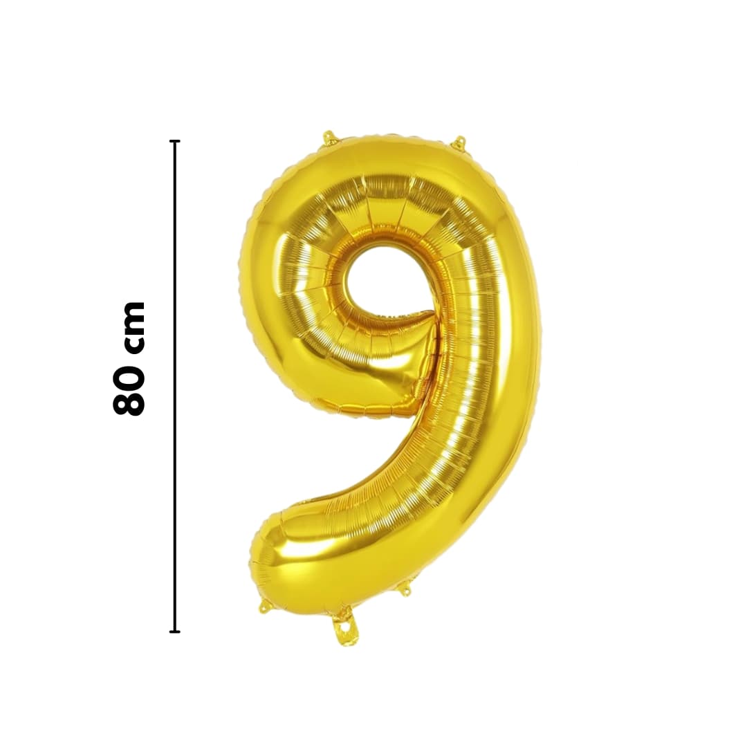 Globo metálico dorado número 9, ideal para aniversarios y fiestas personalizadas