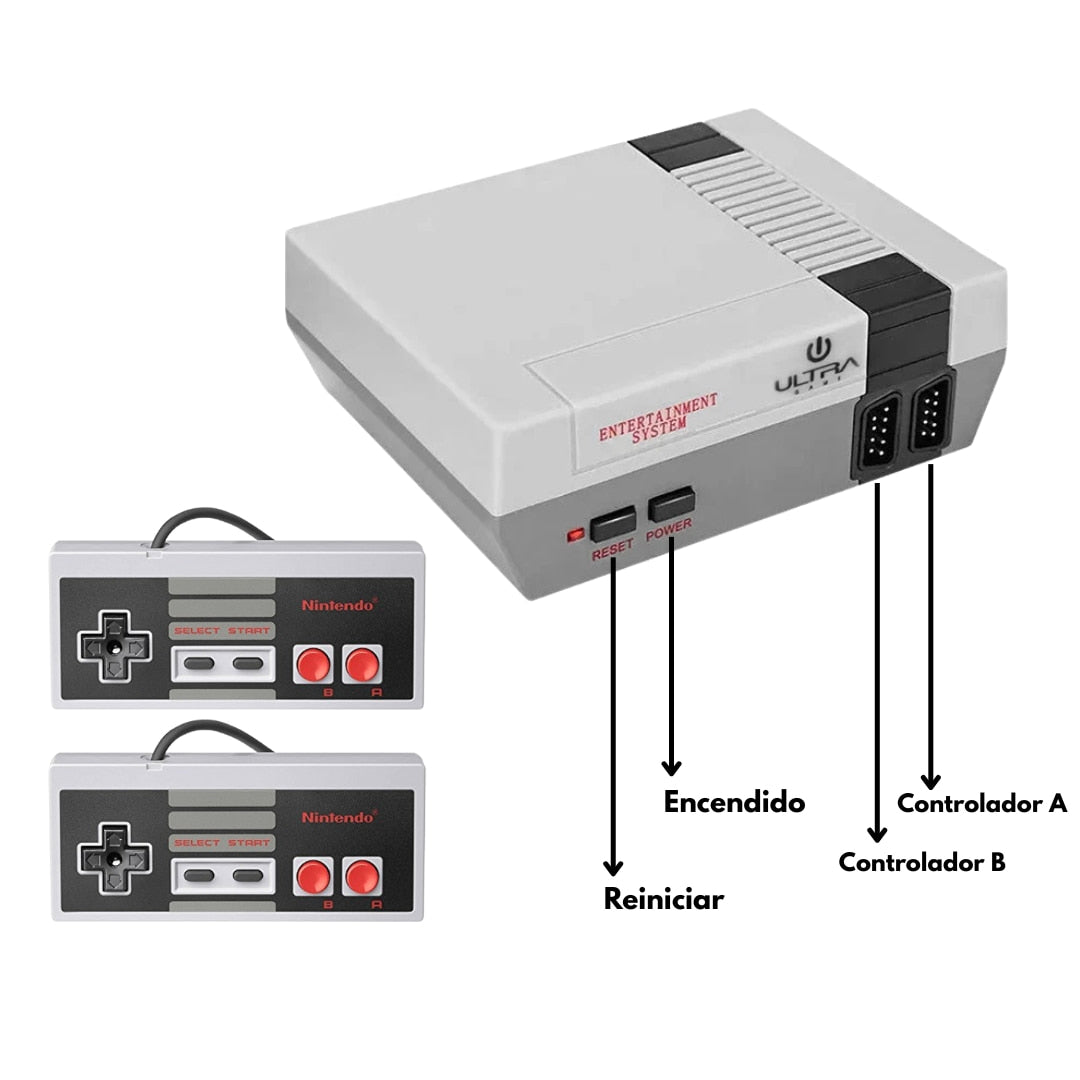 Vista frontal de la consola retro gris con botones power y reset