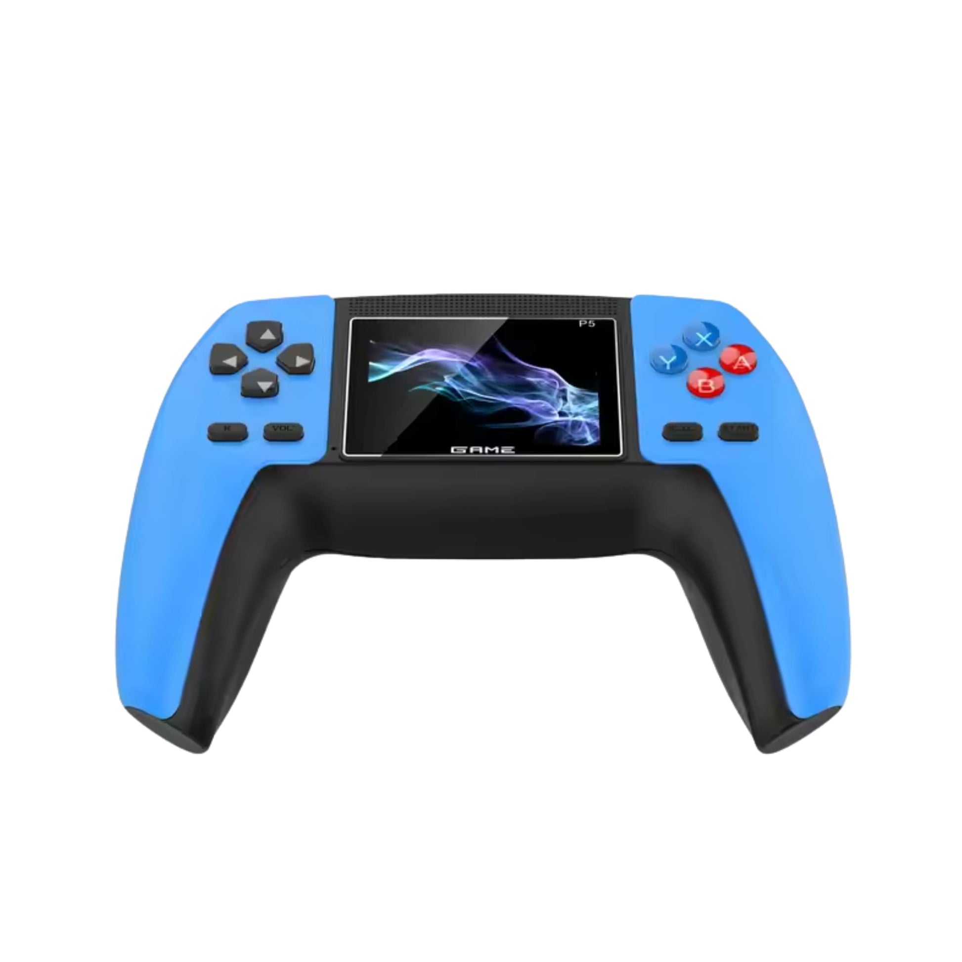Consola retro con mando en color azul, vista frontal encendida mostrando pantalla de juego.