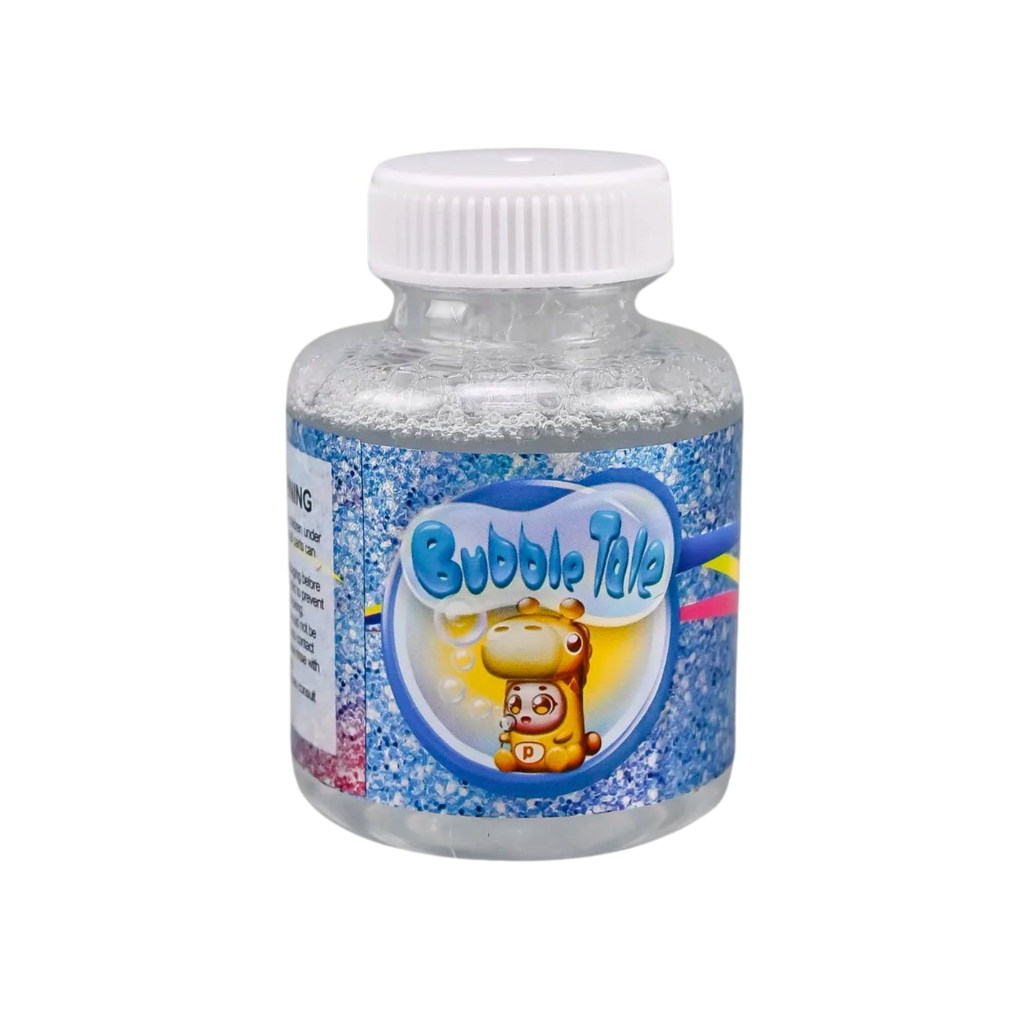 Primer plano de un bote de burbujas recargable, con tapa de seguridad y líquido visible.
