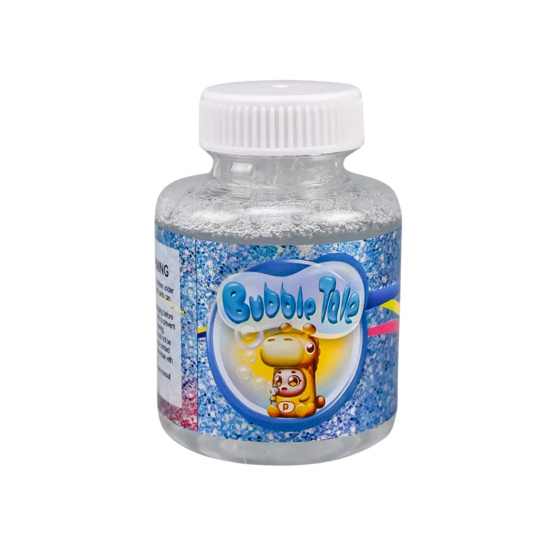 Primer plano de un bote de burbujas recargable, con tapa de seguridad y líquido visible.