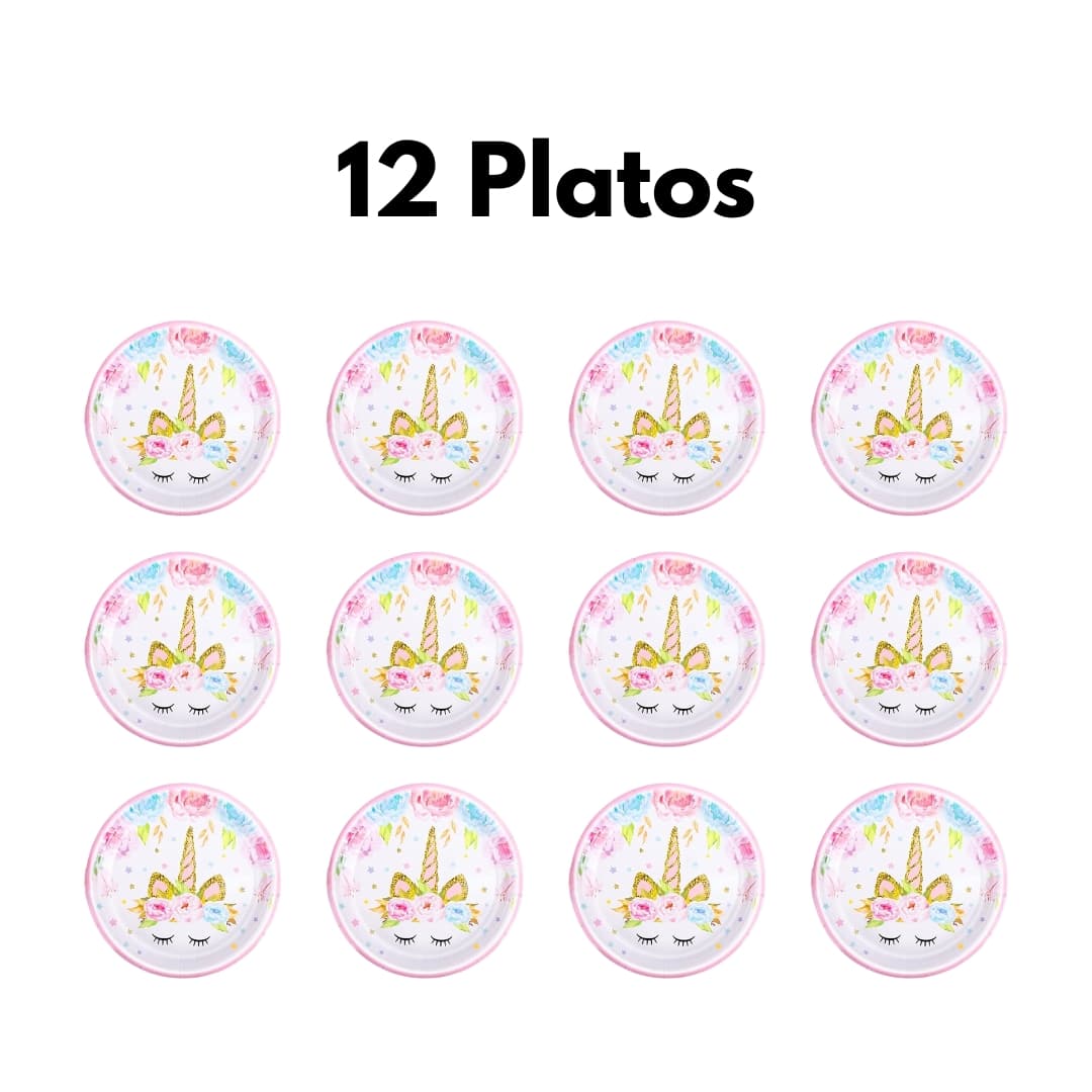 12 platos unicornio ecológicos, combinables con vasos y servilletas de la colección
