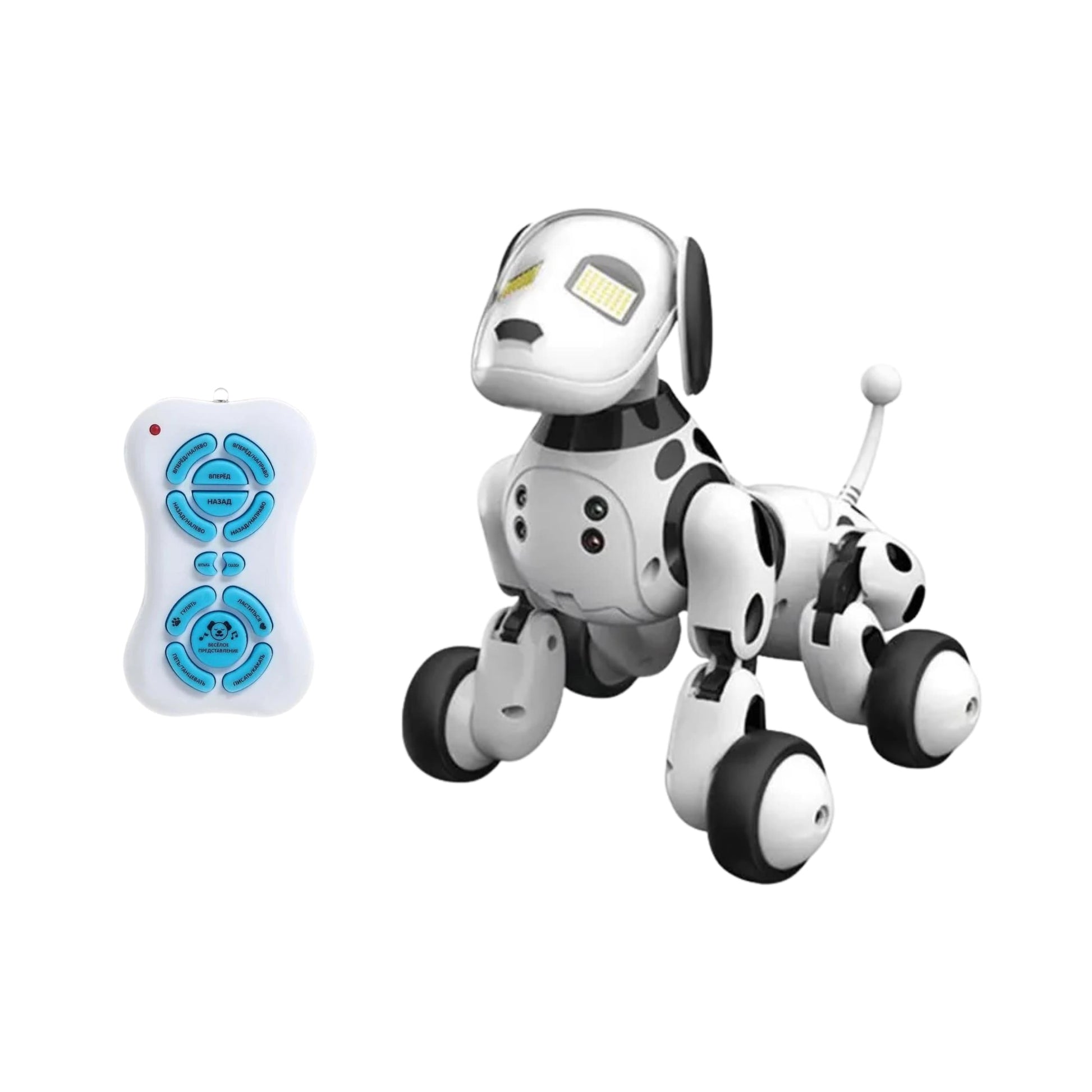 Detalle del collar LED y sensores táctiles frontales en el robot perrito