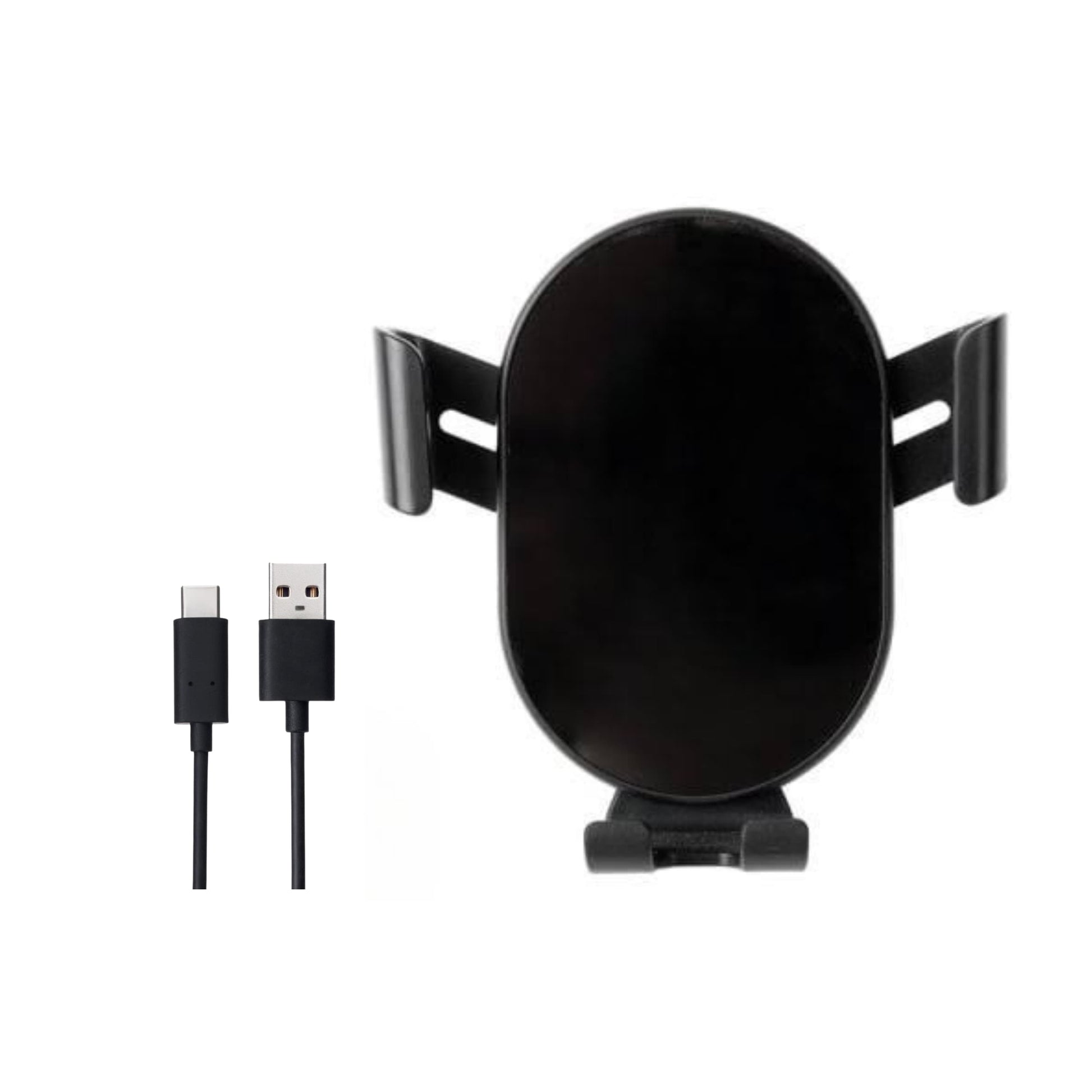 Vista lateral del cargador Qi‑15W giratorio con clip metálico antideslizante