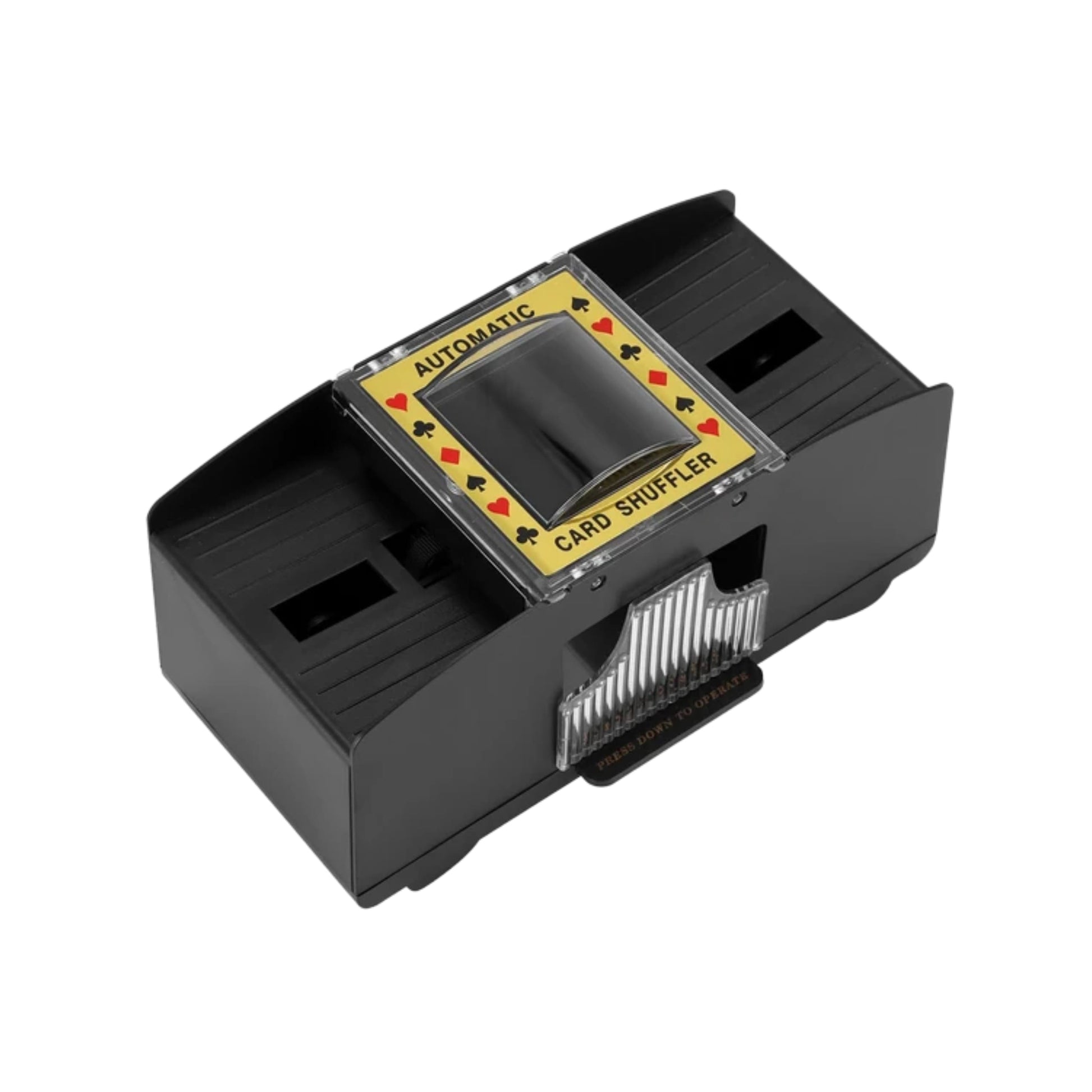 Vista lateral del barajador de cartas automático con diseño compacto y portátil