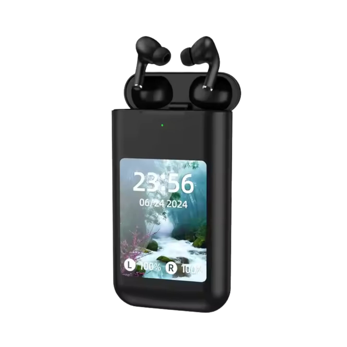 Pantalla táctil LCD 2,8″ mostrando estado de carga en powerbank con auriculares