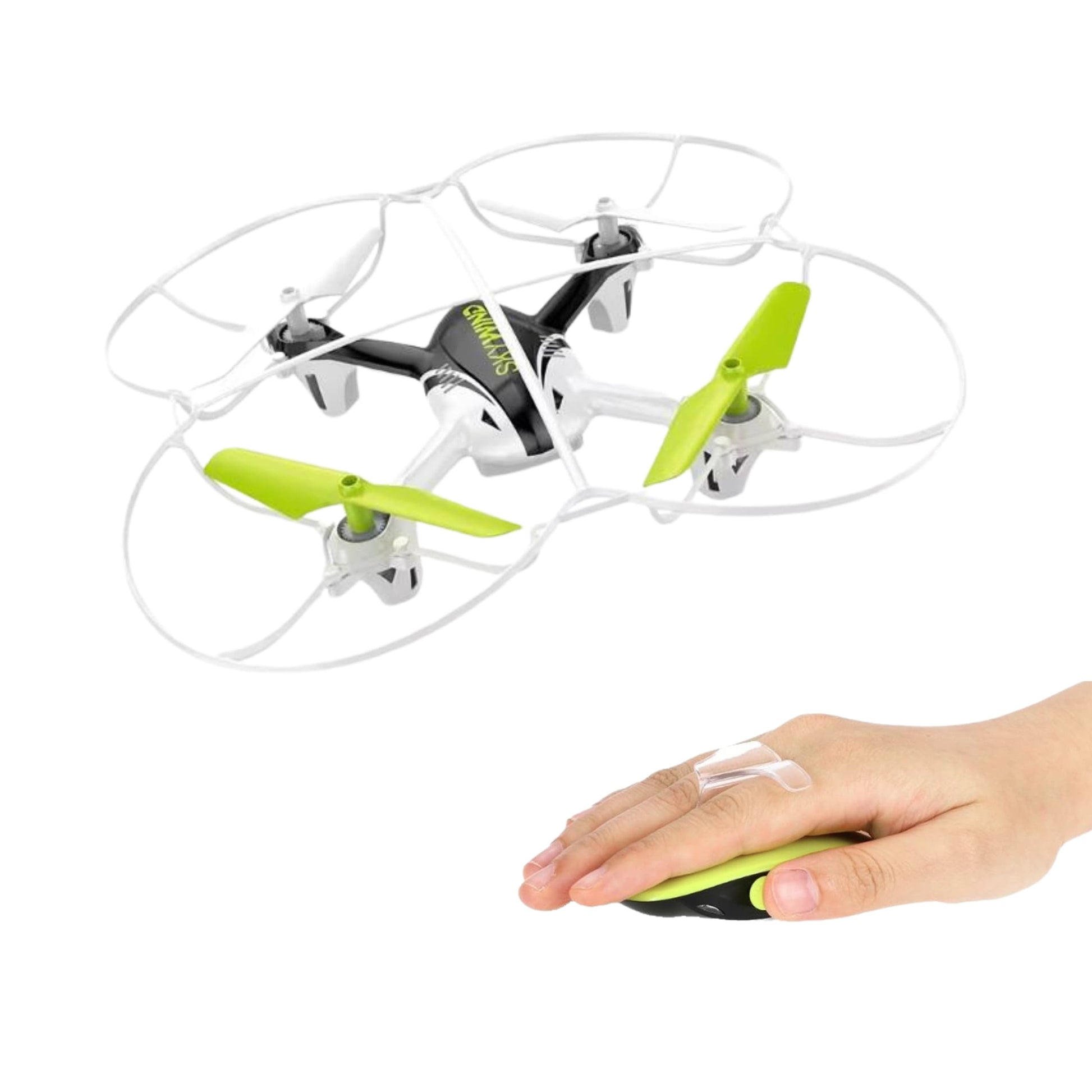 Dron amarillo volando controlado por gestos de mano, modo sin cabeza