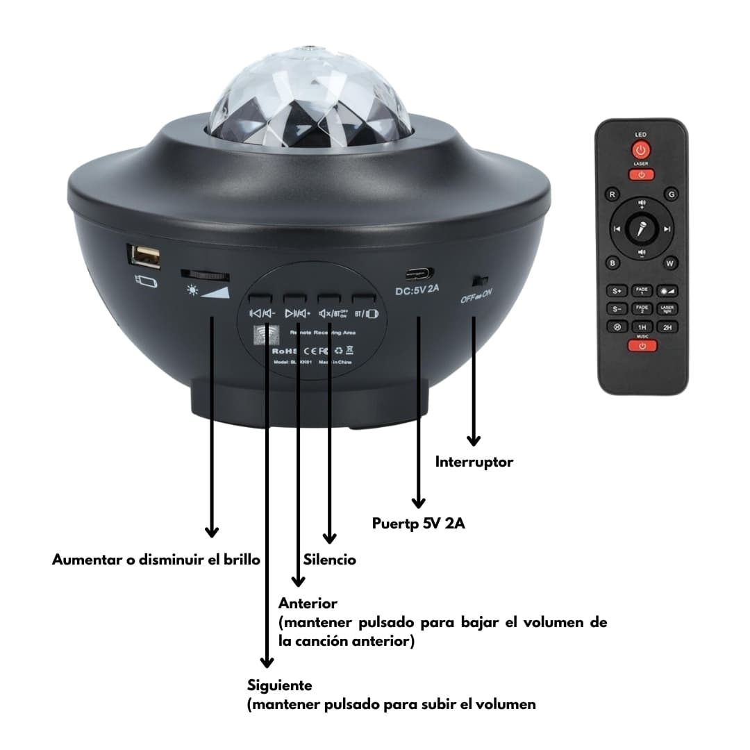 Vista frontal del proyector galaxia con altavoz integrado y mando