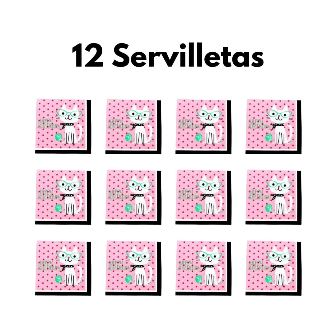12 servilletas Gato Cool con diseño de gato blanco con gafas verdes sobre fondo rosa