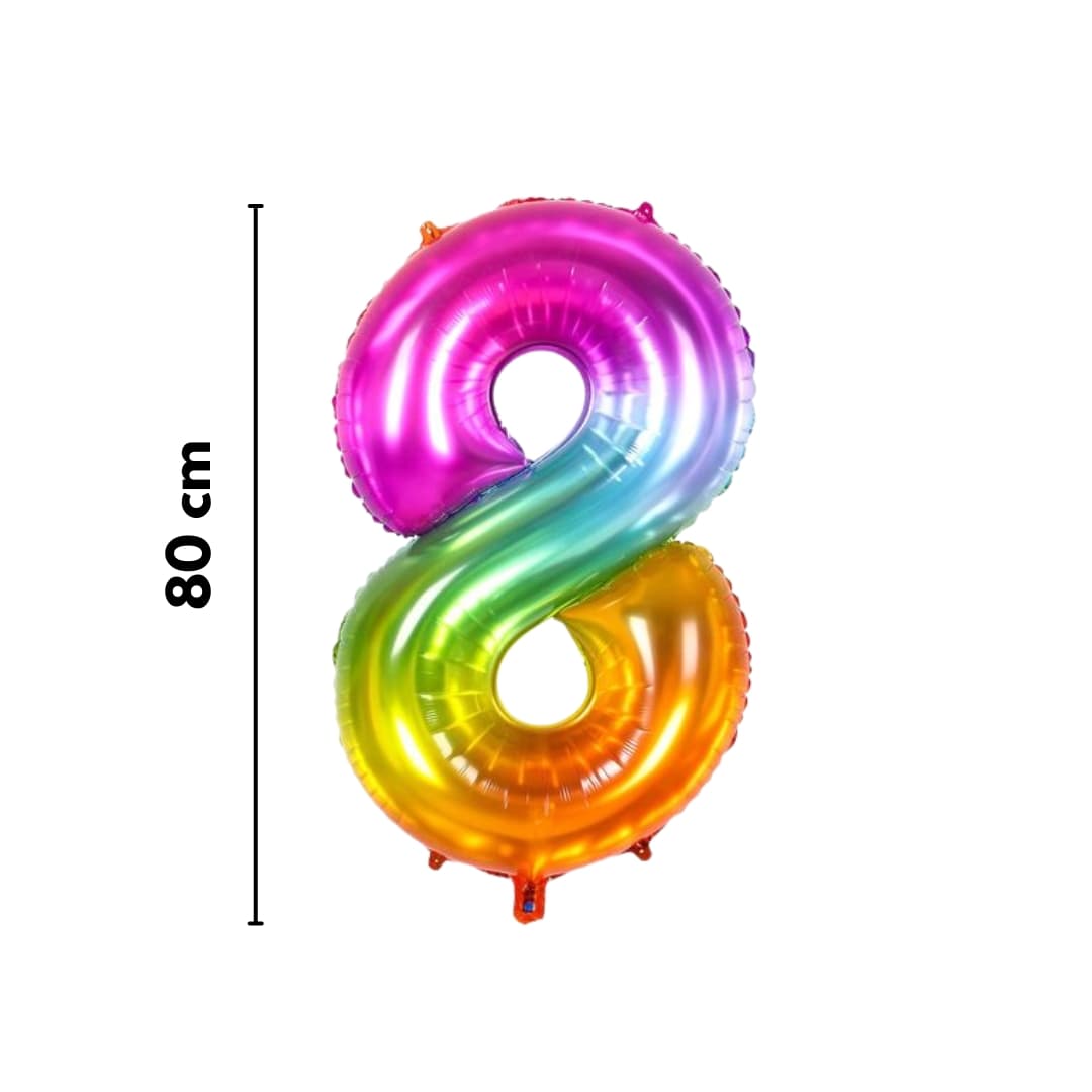 Globo metálico número 8 arcoíris para fotos, eventos y decoración especial
