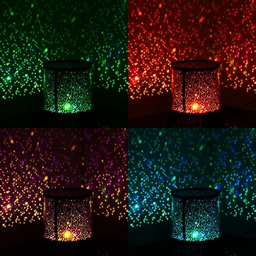 Detalle del proyector LED de estrellas con carcasa negra y botones LED/STAR
