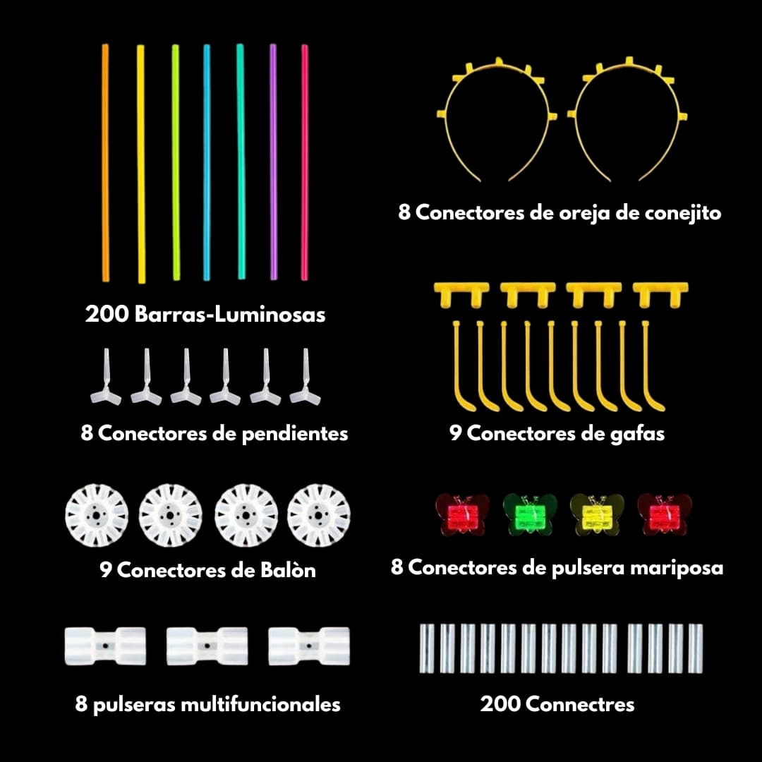 Pulseras, collares y accesorios luminosos armados con el set Lumina Pro para eventos festivos.