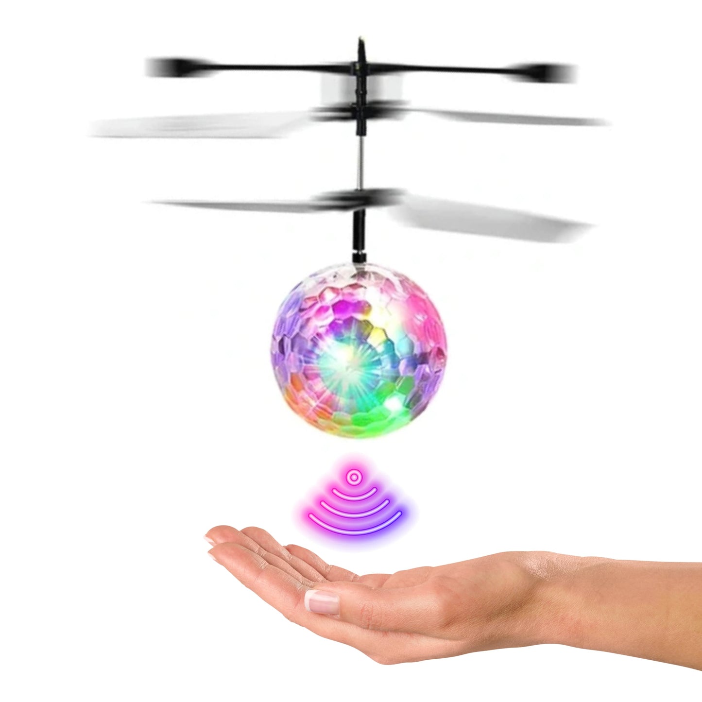 Vista cercana del diseño de la pelota voladora con hélices transparentes y luces activadas.