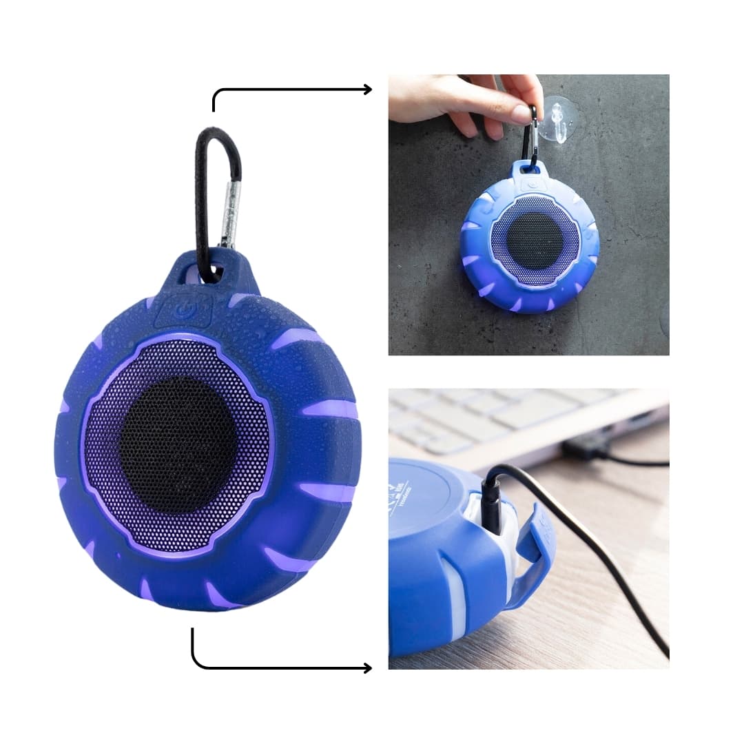 Altavoz Bluetooth flotante reproduciendo música con luces LED parpadeando al ritmo