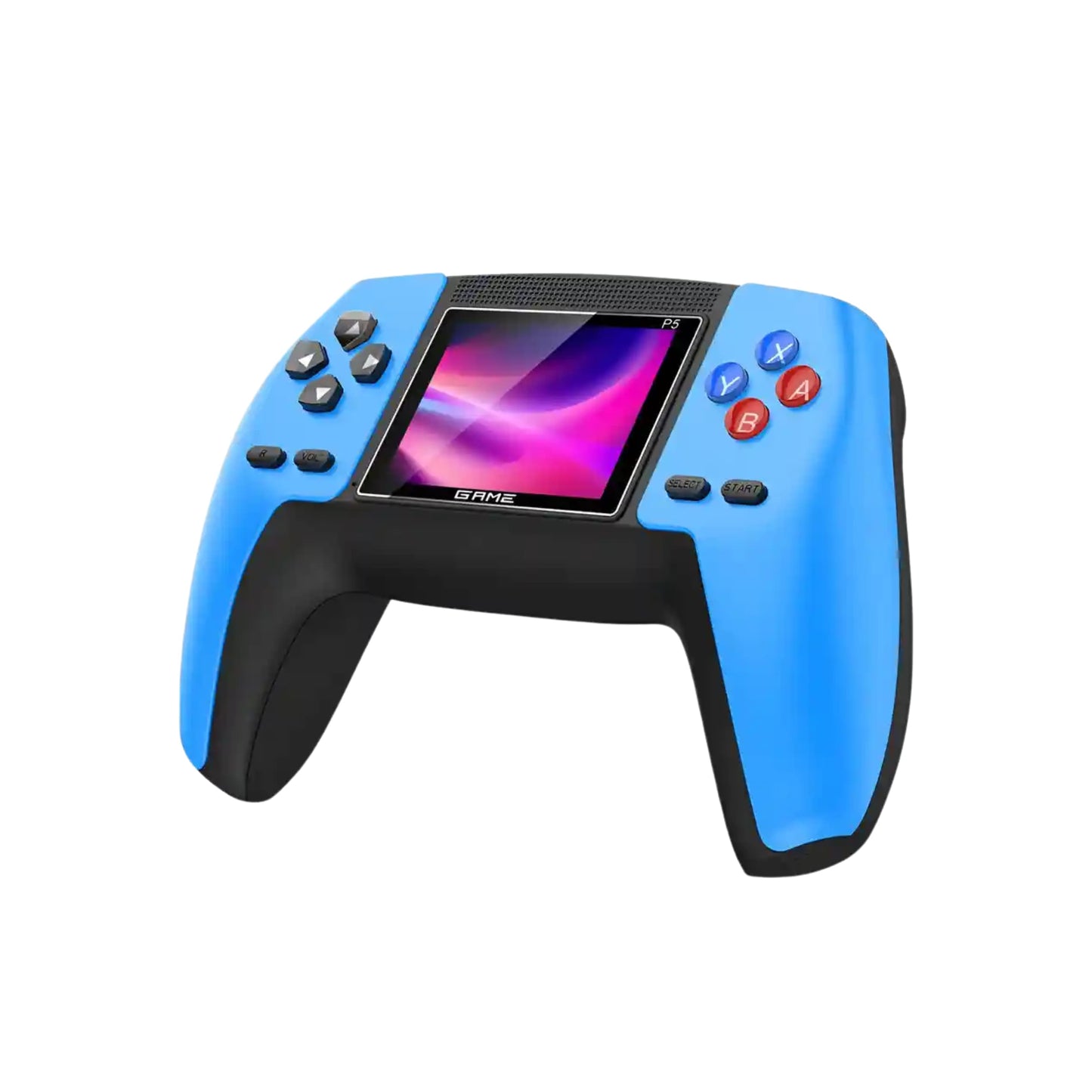 Primer plano de la consola en color azul, conectada y con imagen de juego en pantalla.
