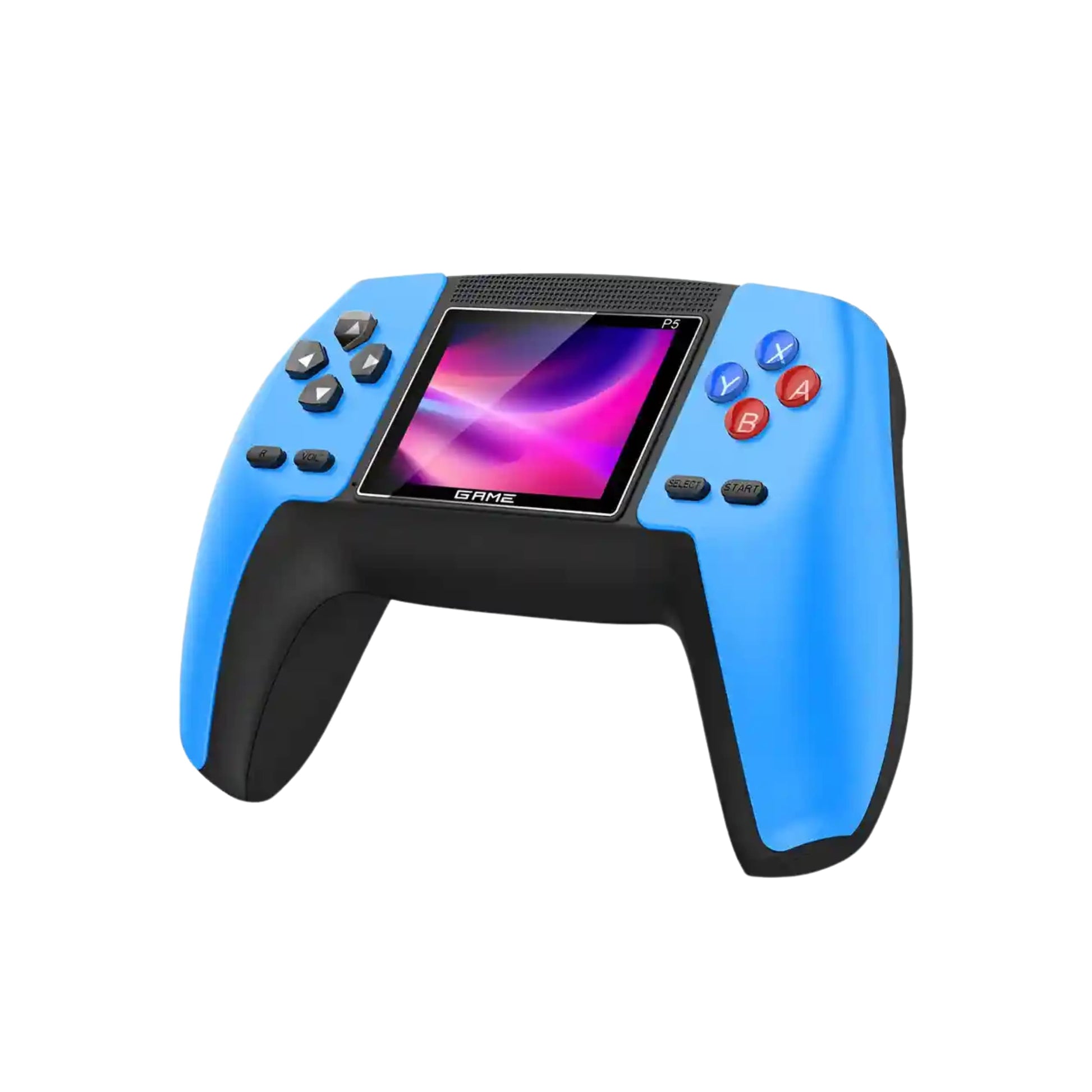 Primer plano de la consola en color azul, conectada y con imagen de juego en pantalla.