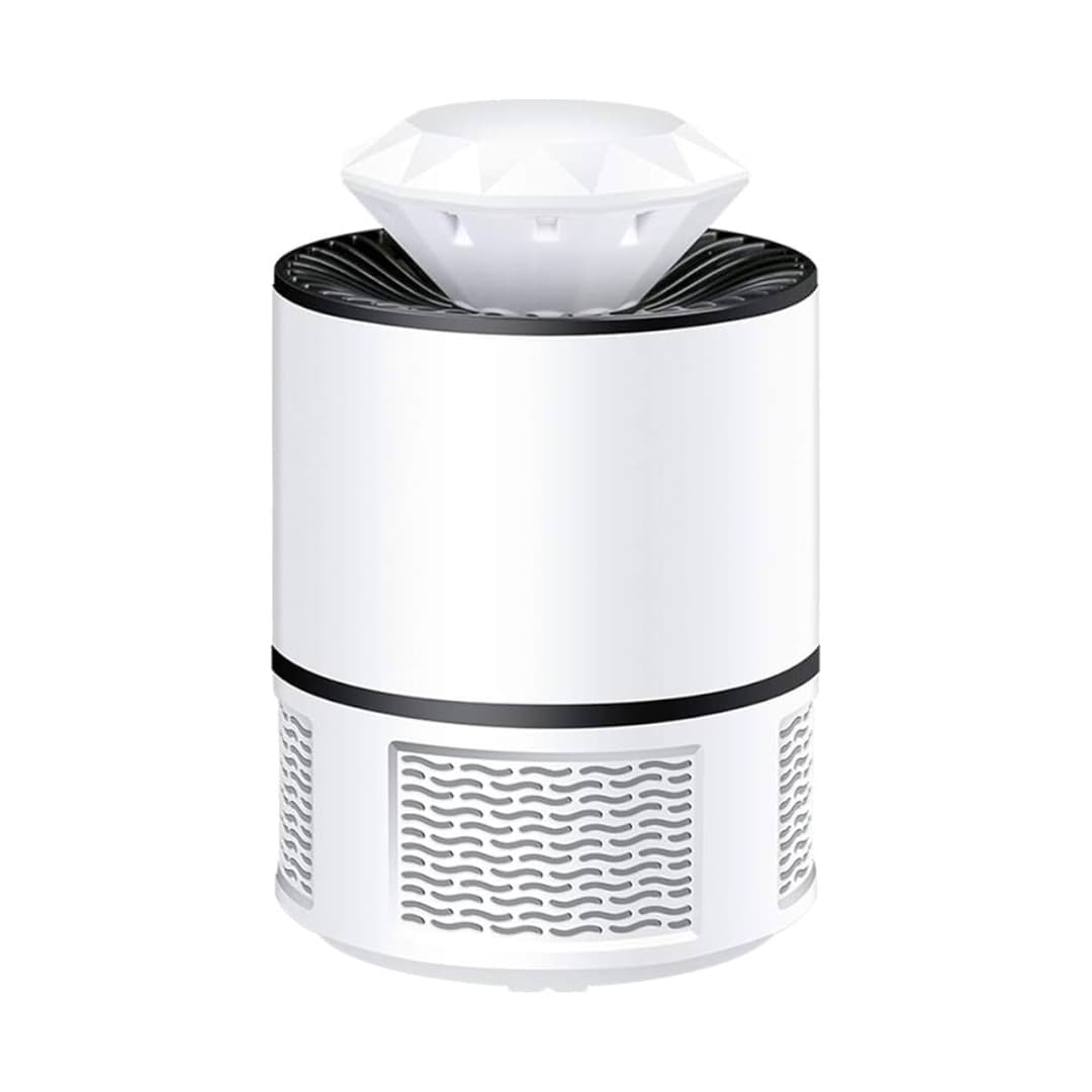Lámpara antimosquitos UV blanca con diseño cilíndrico elegante vista lateral.