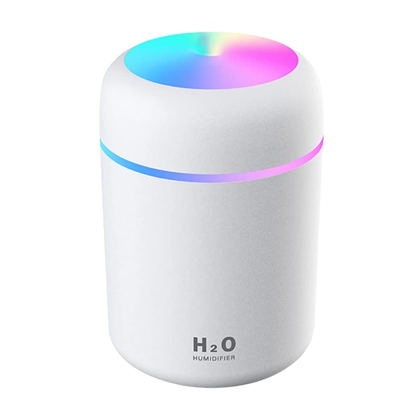 Mini humidificador blanco con luz LED encendida sobre mesa de noche.
