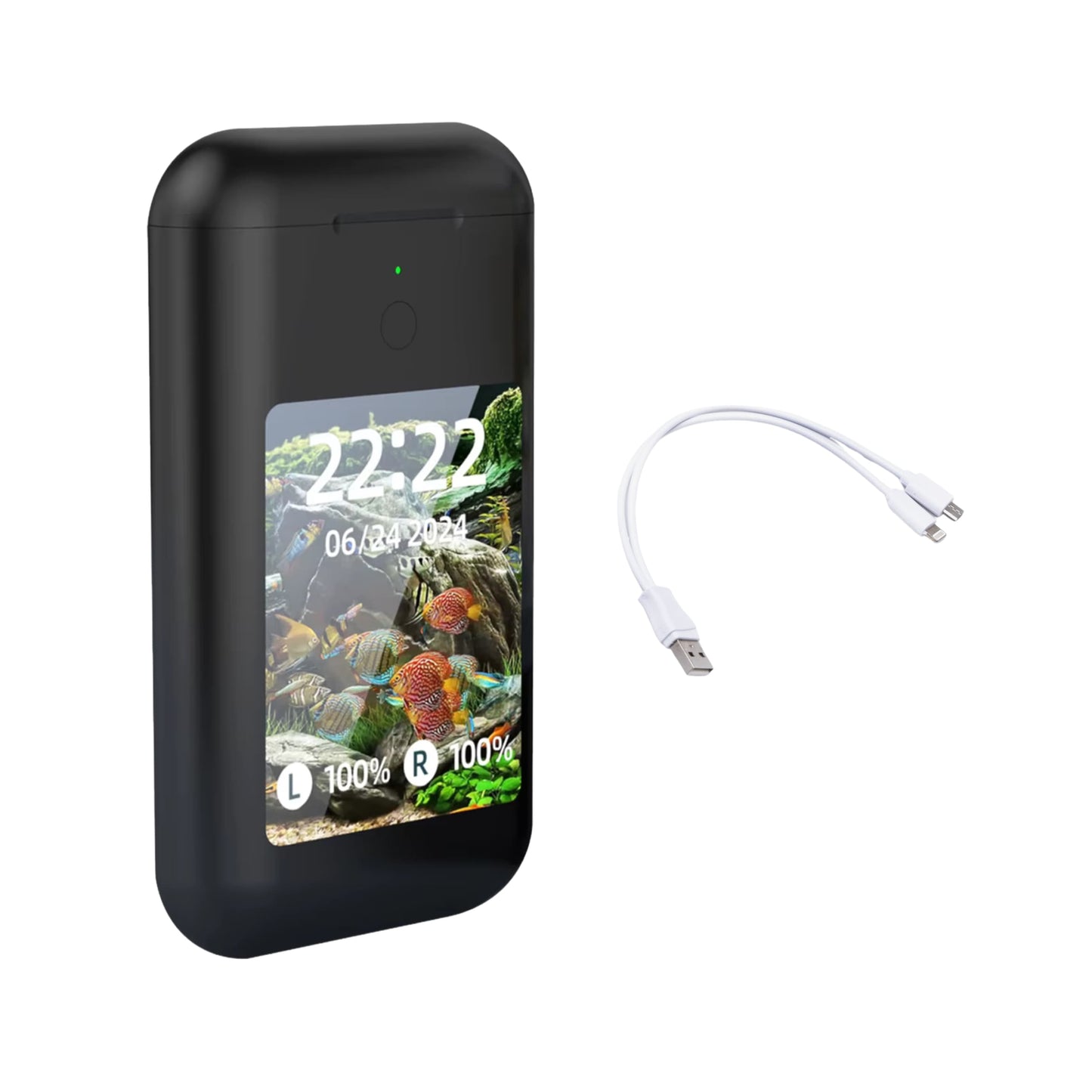 Auriculares TWS en color negro sobresalientes junto a powerbank con funda elegante