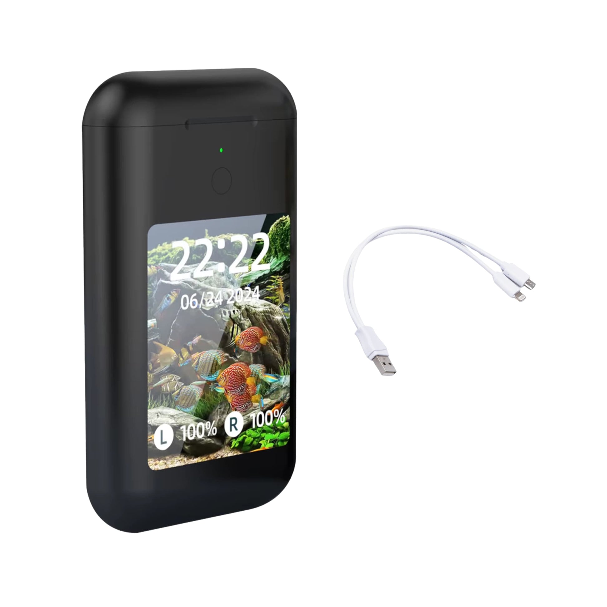 Auriculares TWS en color negro sobresalientes junto a powerbank con funda elegante