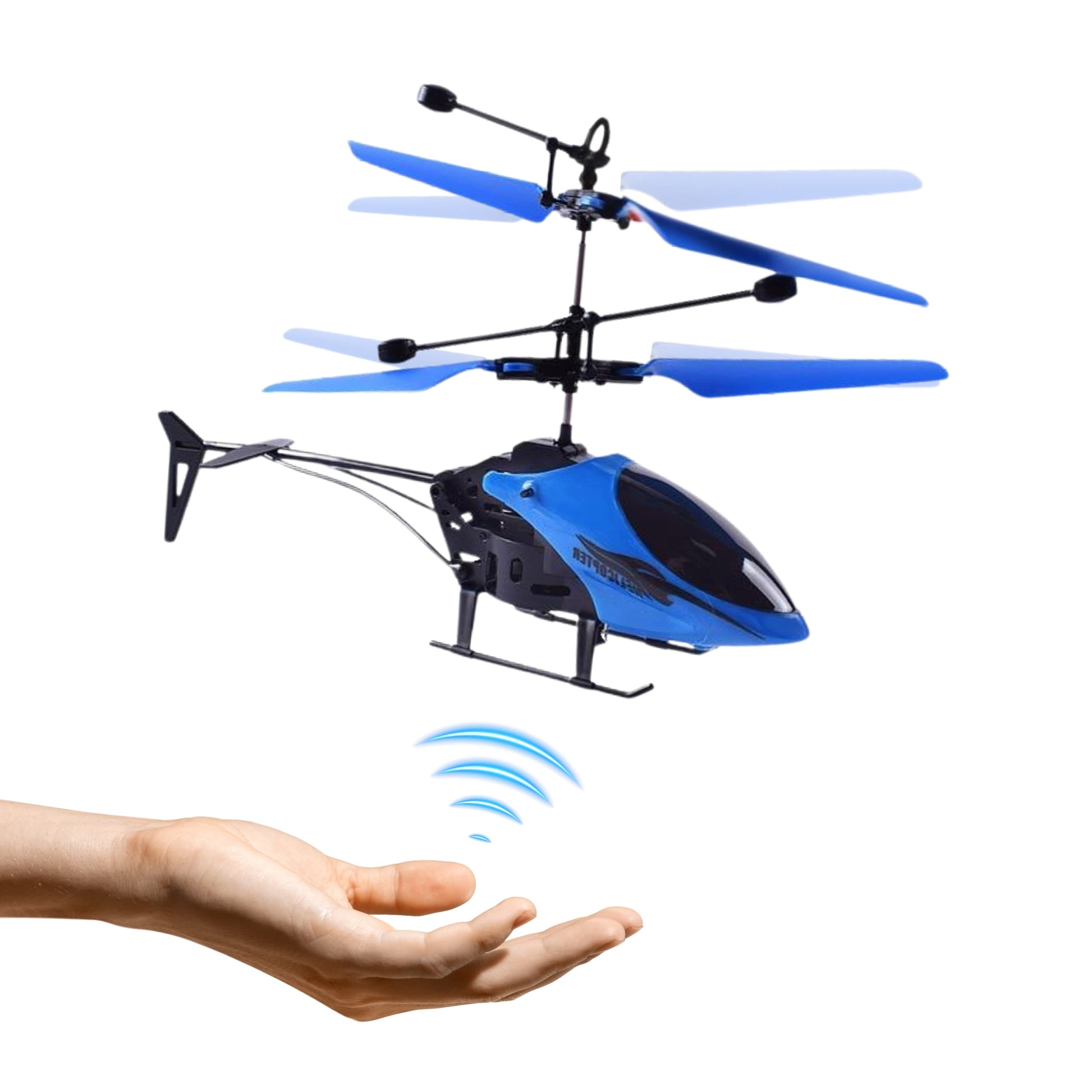 Vista lateral del mini helicóptero RC con diseño ligero y seguro para niños