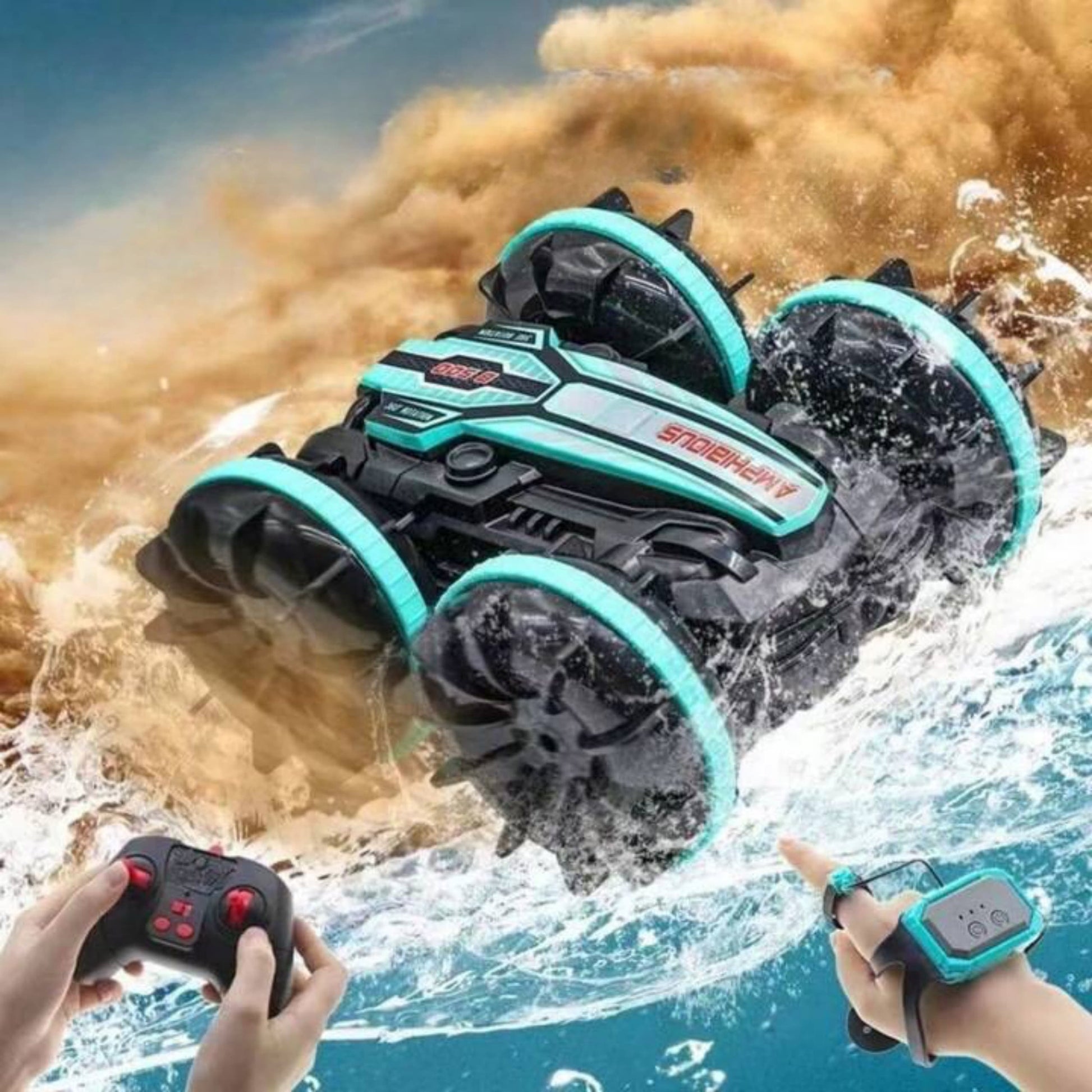 Coche RC con ruedas grandes, diseño robusto y luces LED activas.