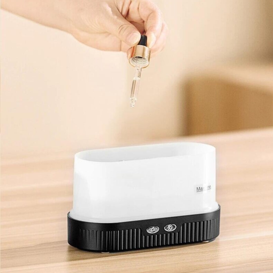 Humidificador efecto llama funcionando en ambiente de relajación