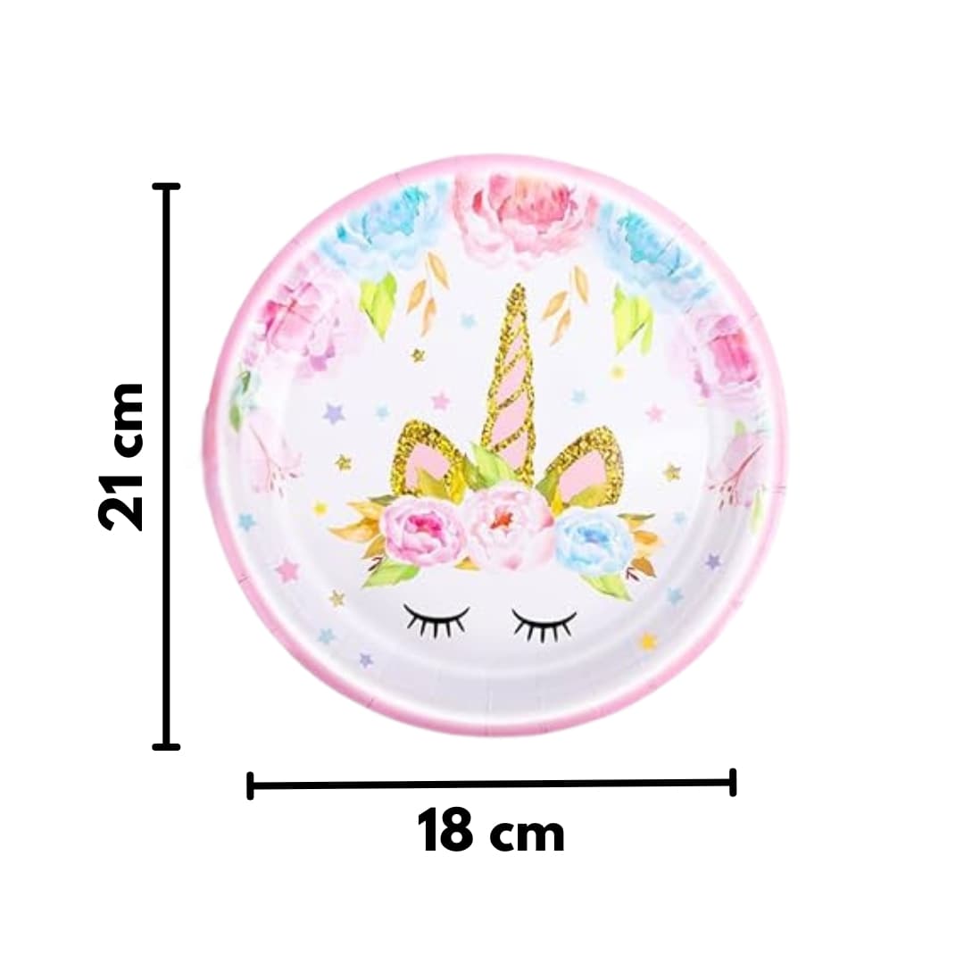 Platos unicornio de cartón ecológico 18 cm con diseño pastel y borde dorado, pack de 12