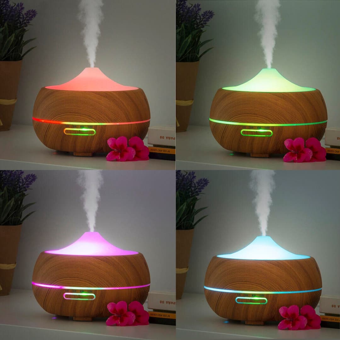 Detalle del botón táctil del difusor de aromas con modos de iluminación y temporizador