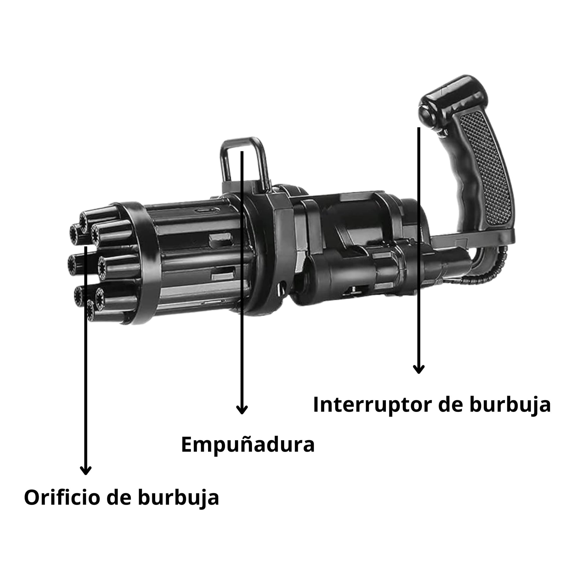 Set completo de metralleta de burbujas con accesorios incluidos.