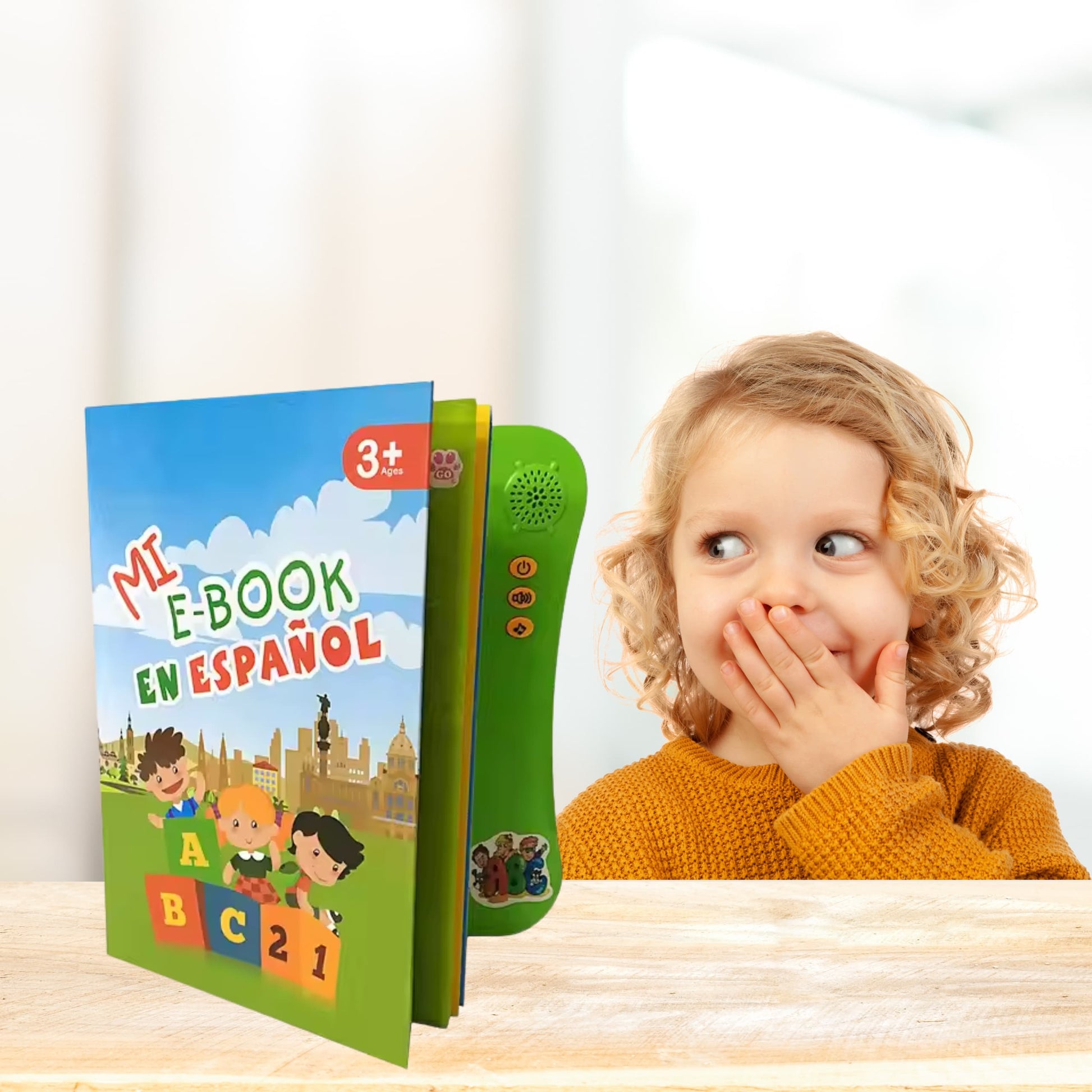 Vista completa del libro con páginas desplegadas, ilustraciones educativas y botones musicales.