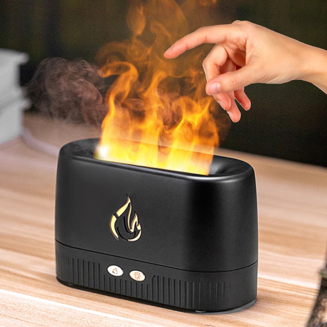 Humidificador 200ml con luz LED naranja creando ambiente acogedor