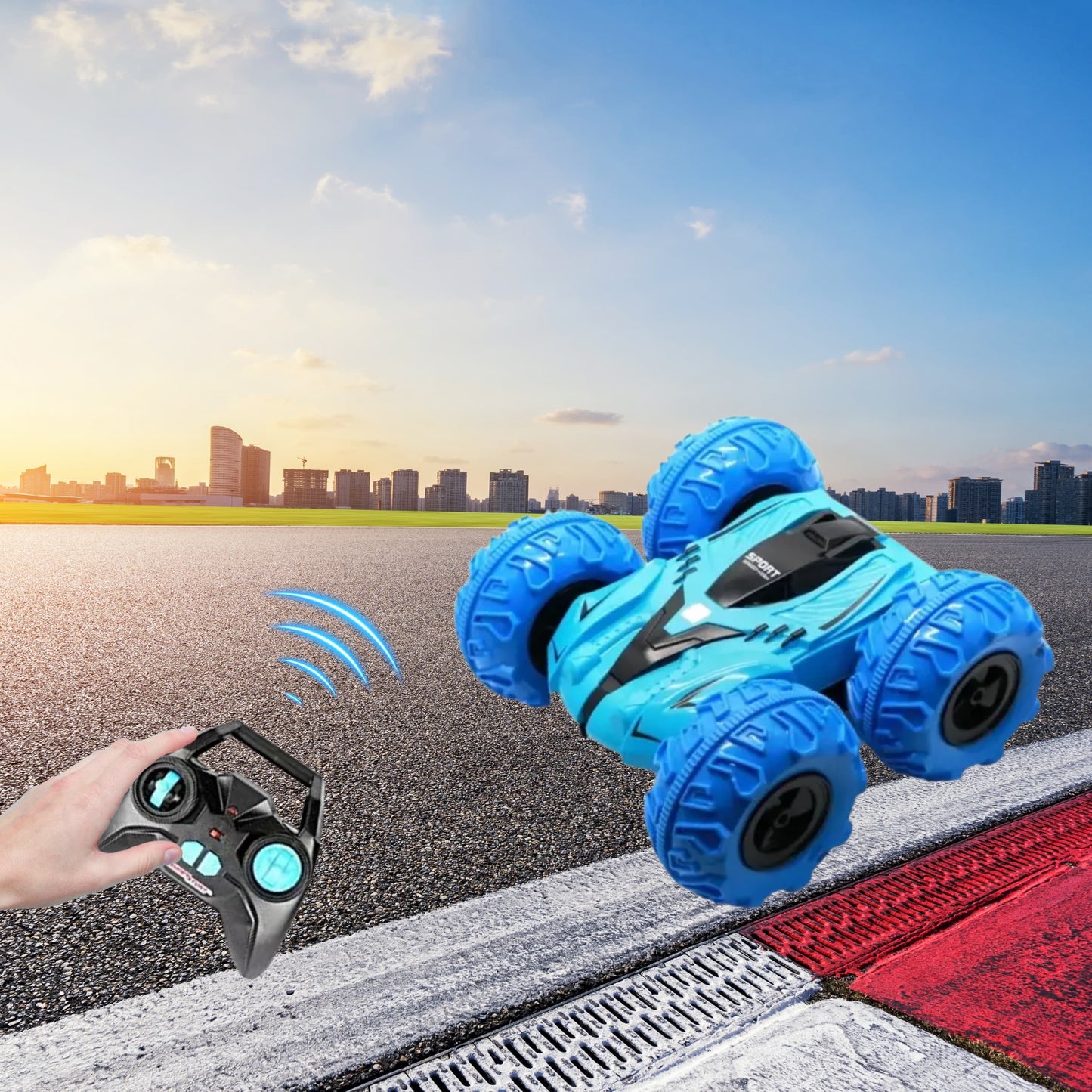 Empaque del Stunt Car doble cara con mando, batería recargable y cable USB